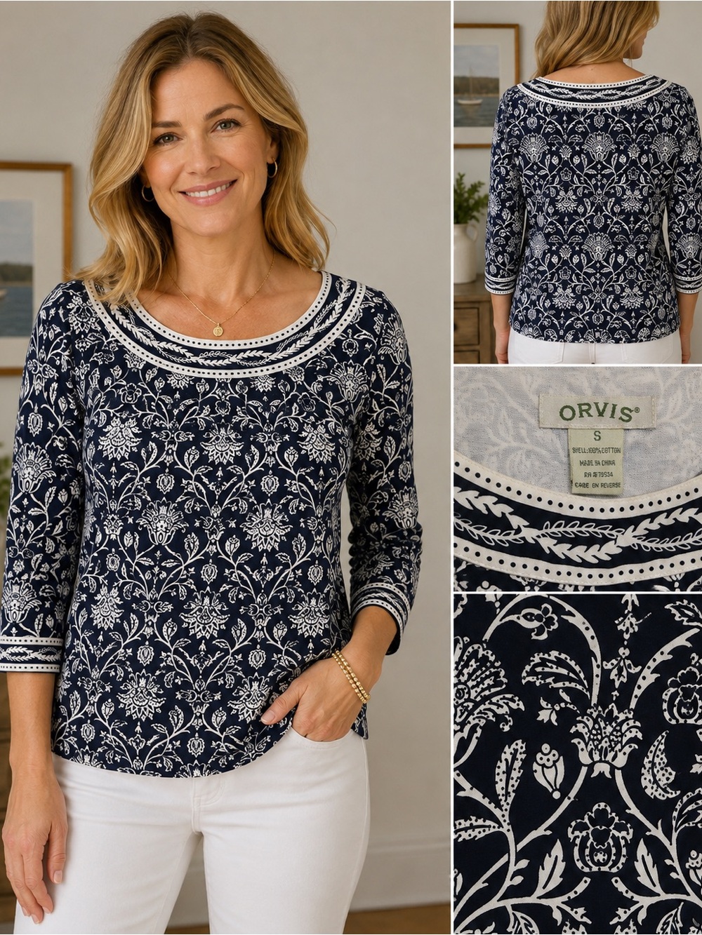 Orvis Women's Shirt Navy Blue White Floral Sea Nautical Shirt Size Small Cotton